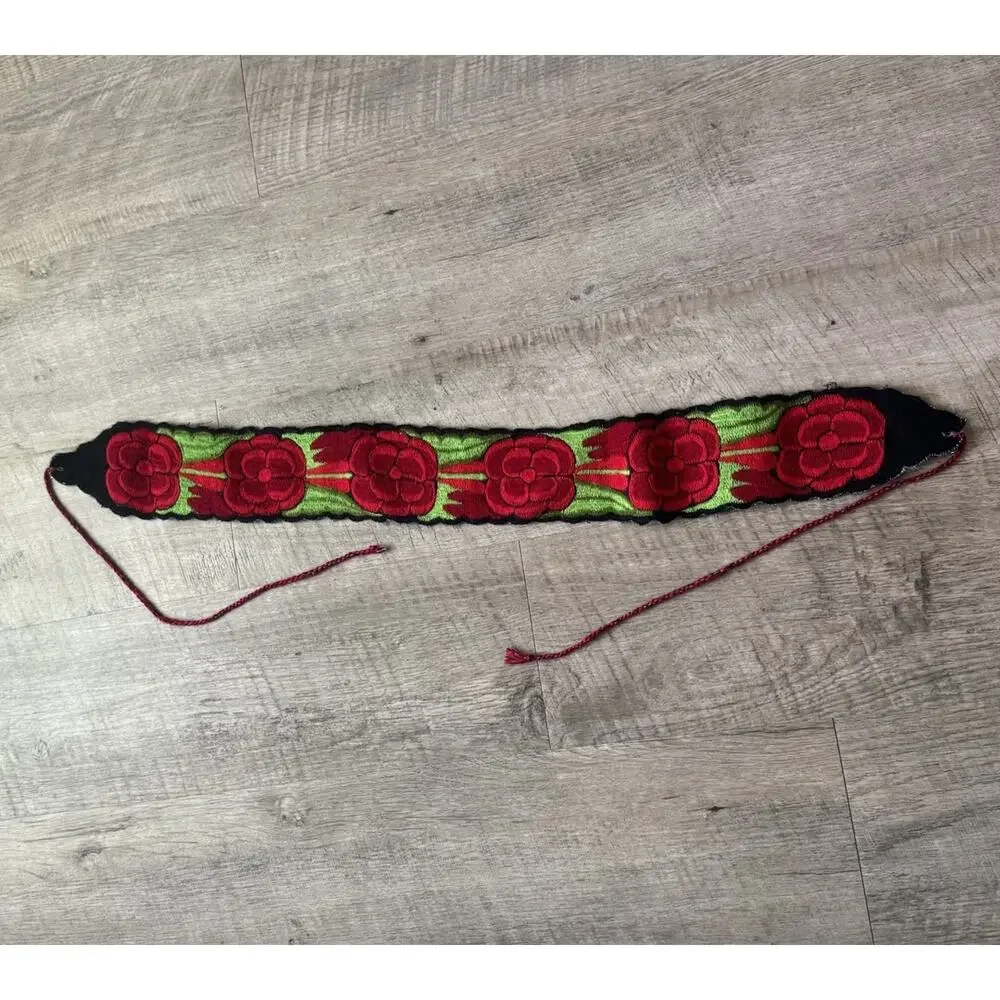 Mexican Embroidered Belt Artisan Handmade Colorful Floral Sash Adjustable Waist
